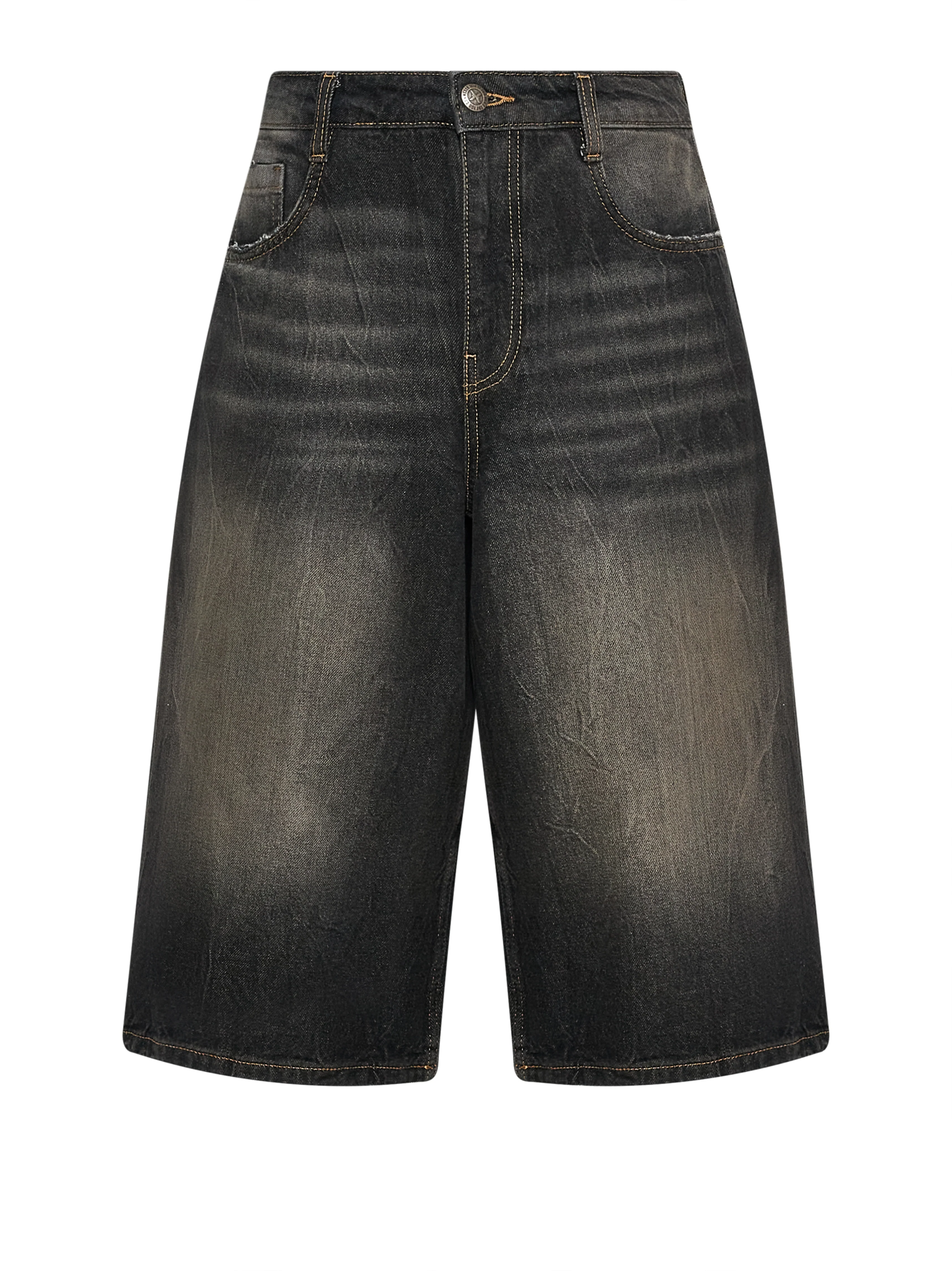 Bermuda genderless in denim con effetto used e costruzione sartoriale
