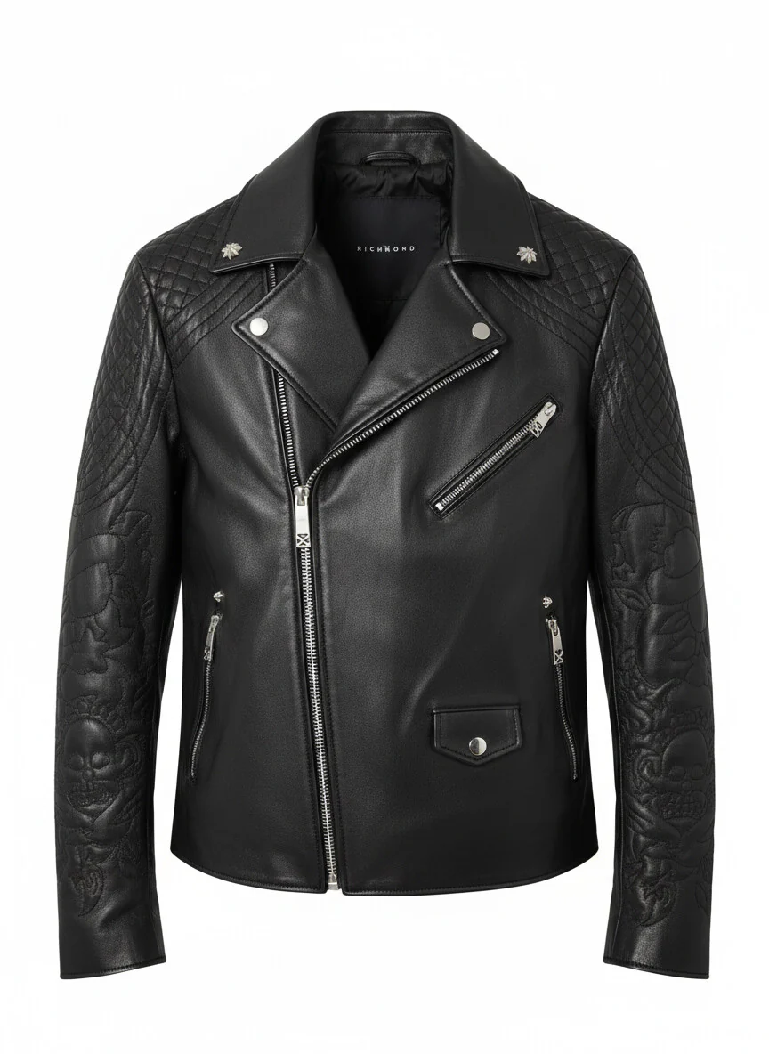 Giacca Biker in Pelle con Spalle Trapuntate e Ricami
