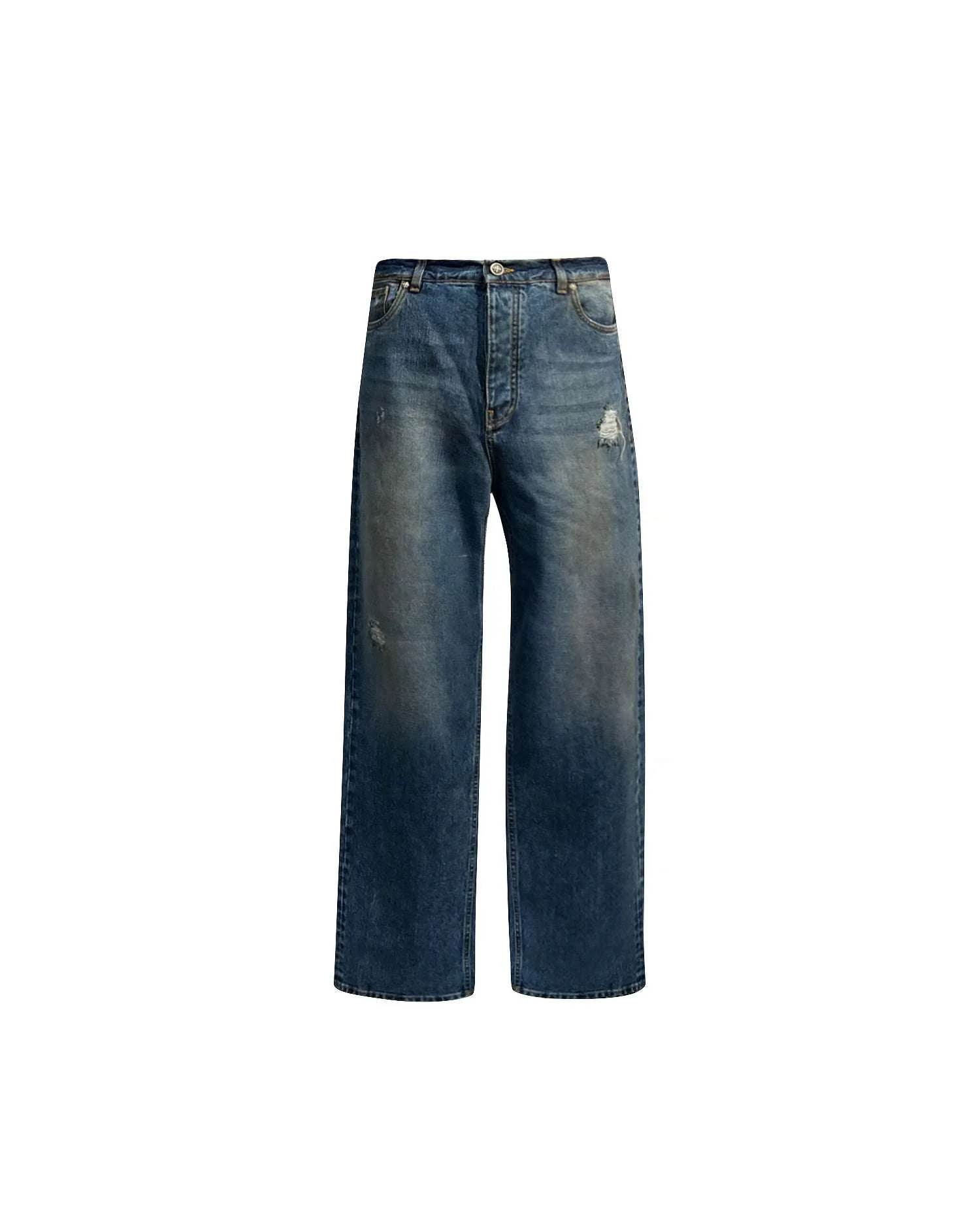 Jeans regular in blu medio con lacerazione e lettering "RICH" - Image 4