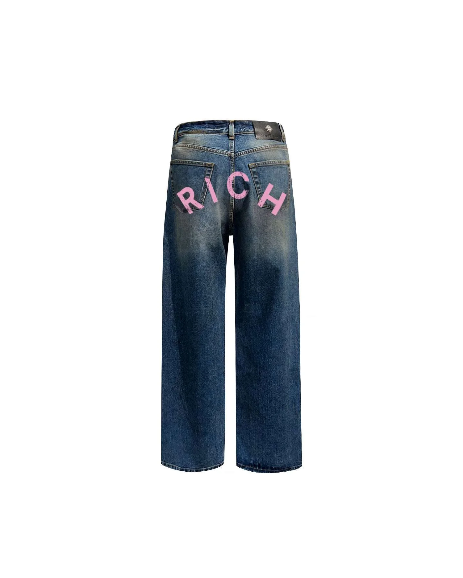 Jeans regular in blu medio con lacerazione e lettering "RICH" - Image 5