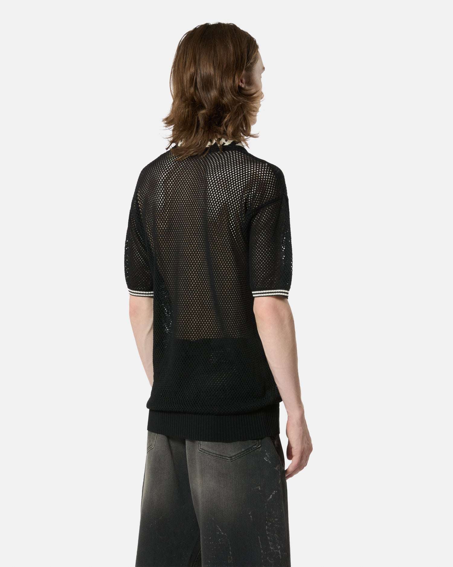 Maglia nera a rete con colletto e bottoni a contrasto - Image 3