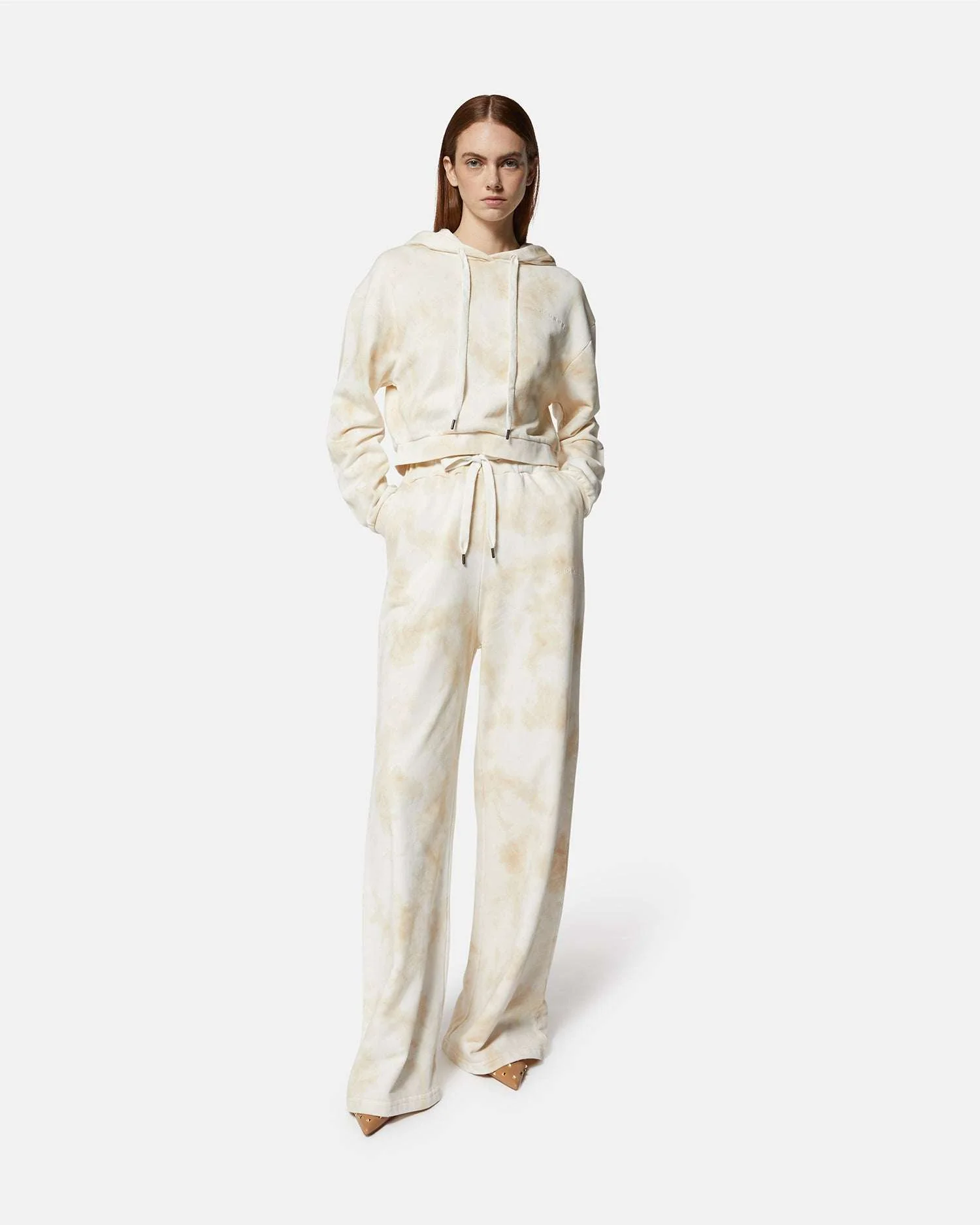 Pantaloni ampi tie-dye beige con vita regolabile