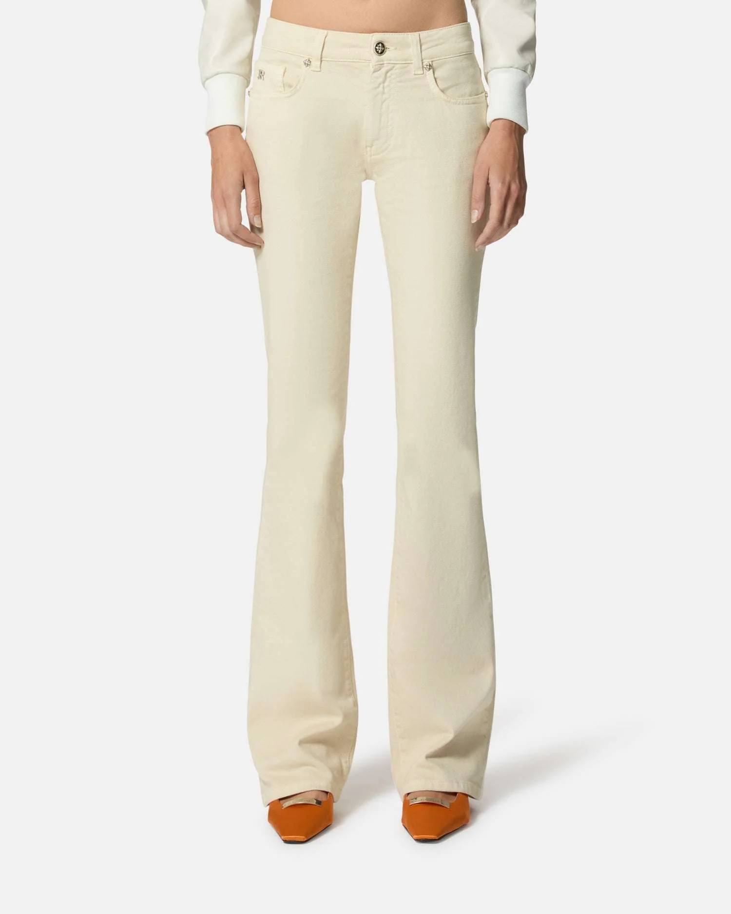 Pantaloni beige a zampa con vita alta - Image 2